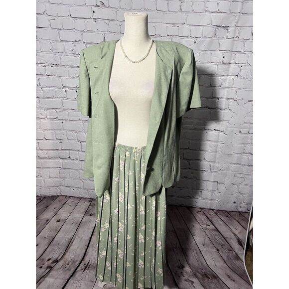 Leslie Fay Vintage 3 Pc Skirt Blazer Scarf Green - Picture 11 of 16